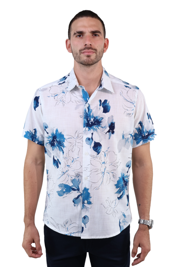 Camisa Estampado Floral Azul Manga Corta De Algodón Para Hombre